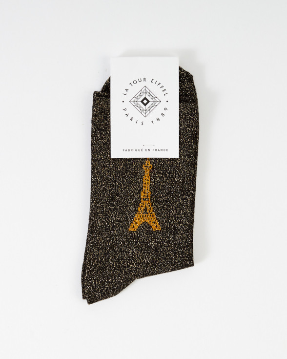 Chaussettes mi-bas Paillettes Noires avec la tour Eiffel