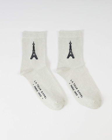 Silver sequined knee-high socks with Eiffel Tower