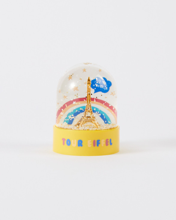 Yellow Mini Snow Globe with Eiffel Tower and Rainbow