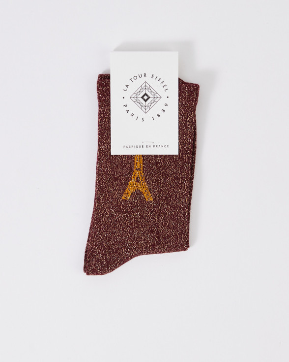 Chaussettes Bordeaux Paillettes avec la tour Eiffel